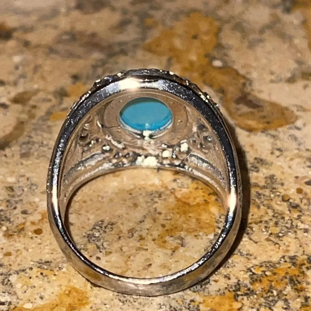Costume jewelry silver tone ring with turquoise color acrylic center stone